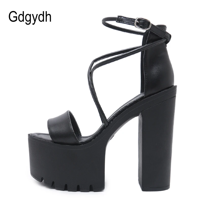 Женские босоножки на платформе Gdgydh черные кожаные очень высоком каблуке с
