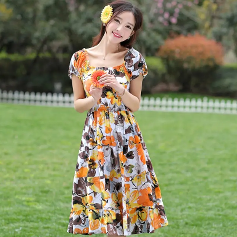 Женское свободное платье с круглым вырезом летнее Хлопковое до колена короткими