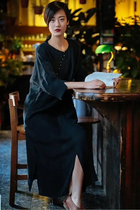 Johnature 2020 Summer Style Women Solid Color Black Dress Robe Three Quarter Sleeve Round Neck High Slit Long Silk Gown | Женская одежда