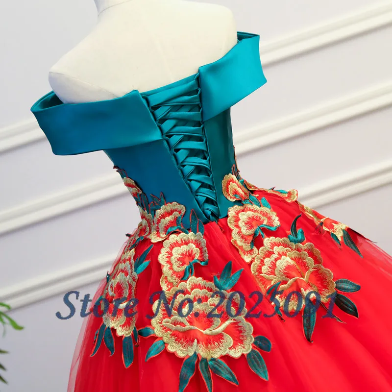 С открытыми плечами красное платье Quinceanera Тюль с аппликацией платье для бала-маскарада 16 платья Vestidos De 15 Anos