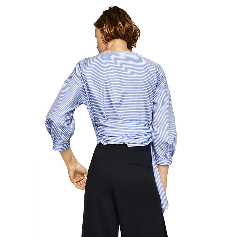 Синий белый тонкими полосками завязанный асимметричный хлопок смесь рубашки