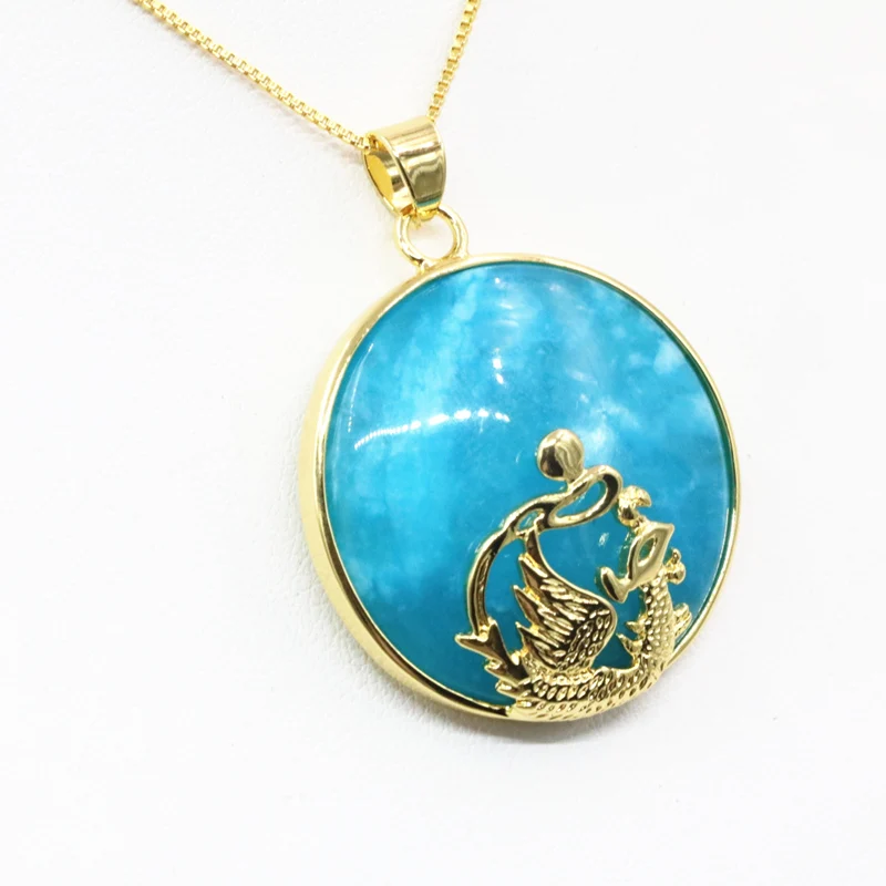 32 мм синяя цепочка подвеска из камня ожерелье нержавеющей стали плоский круглый