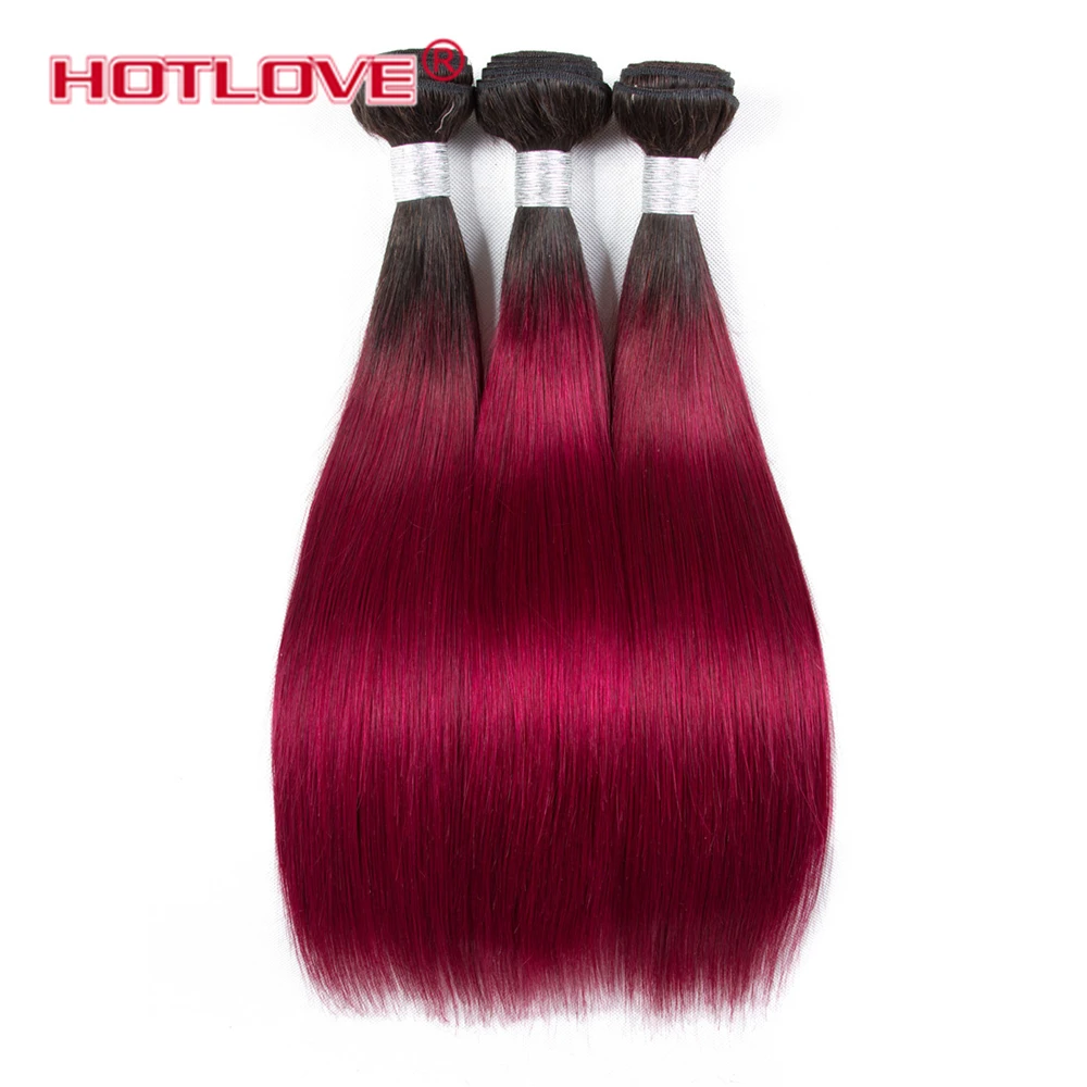 Hotlove Ombre Прямо бразильский волос Комплект с 4*4 закрытия шнурка Цвет 1B/бордовый