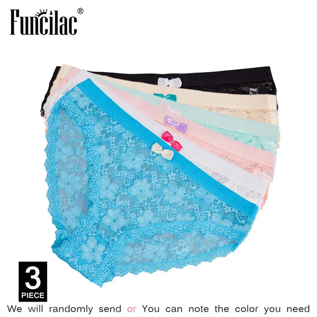 FUNCILAC/женское нижнее белье, сексуальные кружевные трусы, дышащие Бесшовные трусики, хлопковое бикини женские нижнее белье, 3 шт./партия - Цвет: B-random color-3 pcs