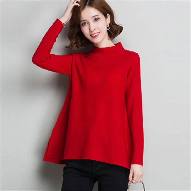 

pure wool solid knit women korean style Oneck irregular hem thick pullover sweater black 3color M-2XL retail wholesale