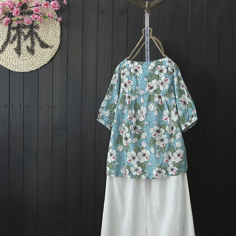 Women Shirt Floral Printed Ethnic Summer Clothes 2018 New Casual Short Sleeve Breathable Soft Cotton Linen Tops Ladies Blouse |