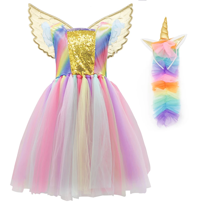 Kids Rainbow Unicorn Dress for Girls Toddler Cosplay Costume Children Princess Hair Hoop Wing Set Halloween Frocks | Детская одежда и