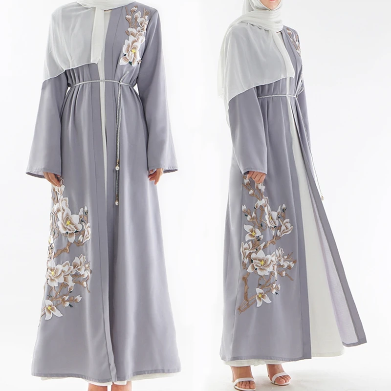 Серая Абая для мусульман Дубай вышивка жемчугом платье женщин длинный кардиган