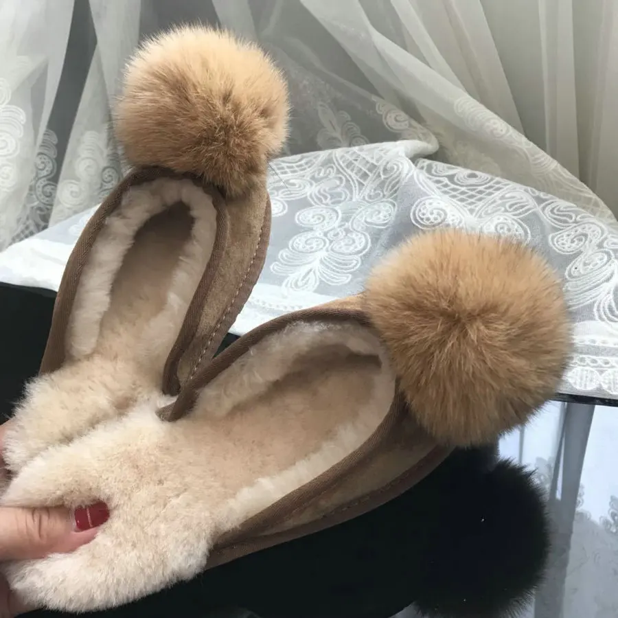 Brown Г., шлёпанцы из овчины с помпонами из лисьего меха натуральная шерсть теплые шлёпанцы женская домашняя обувь на плоской подошве - Цвет: Brown