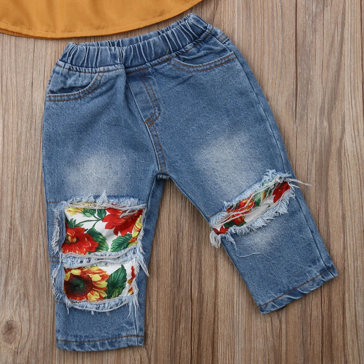 2 шт. кружевная желтая рубашка с открытыми плечами и длинные джинсы цветочным