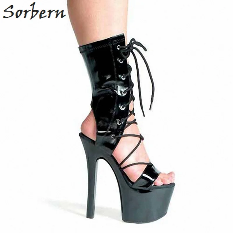 

Sorbern Patent Leather Ankle Boots Spike Super High Heels 17 Cm Spring Cross-Tied Solid Fashion 2018 Women Boots Platform 7Cm
