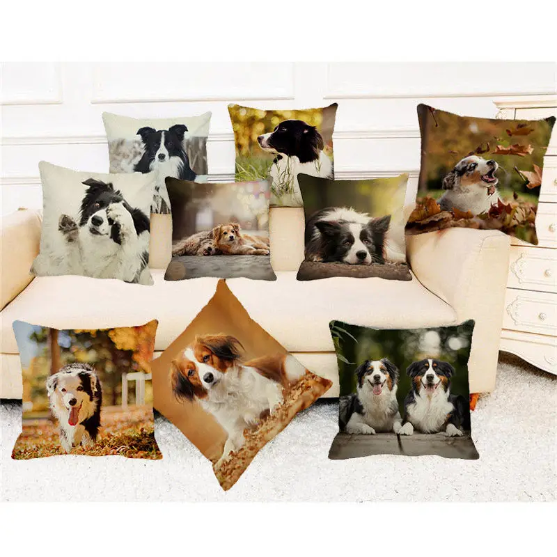 

XUNYU Cute Pet Cushion Cover Border Collie Dog Throw Pillow Case Linen Cushion Case Sofa Bed Decorative Pillowcase 45x45cm C0074