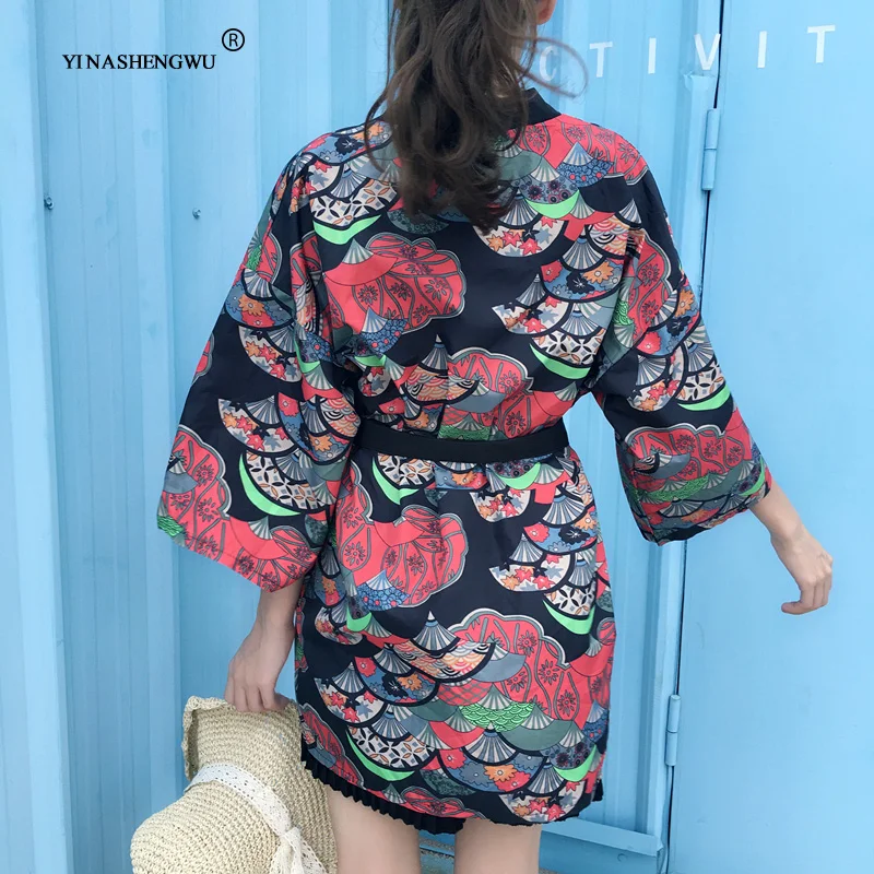 Yukata, женская блузка с поясом, новая мода, кимоно, блузка, японский веер, принт, женская рубашка, летняя, солнцезащитная, топы, Япония, кимоно, для женщин