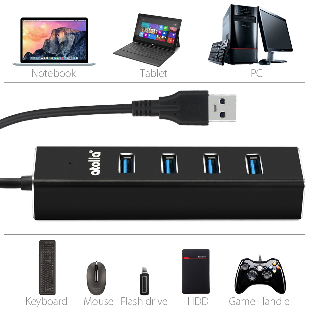 Atolla 4-Порты и разъёмы USB 3,0 центр данных Алюминий USB 3 удлинитель сплиттер с блоком питания постоянного тока/микро USB Порты и разъёмы для Питание и OTG USB флэш накопитель для планшетного компьютера