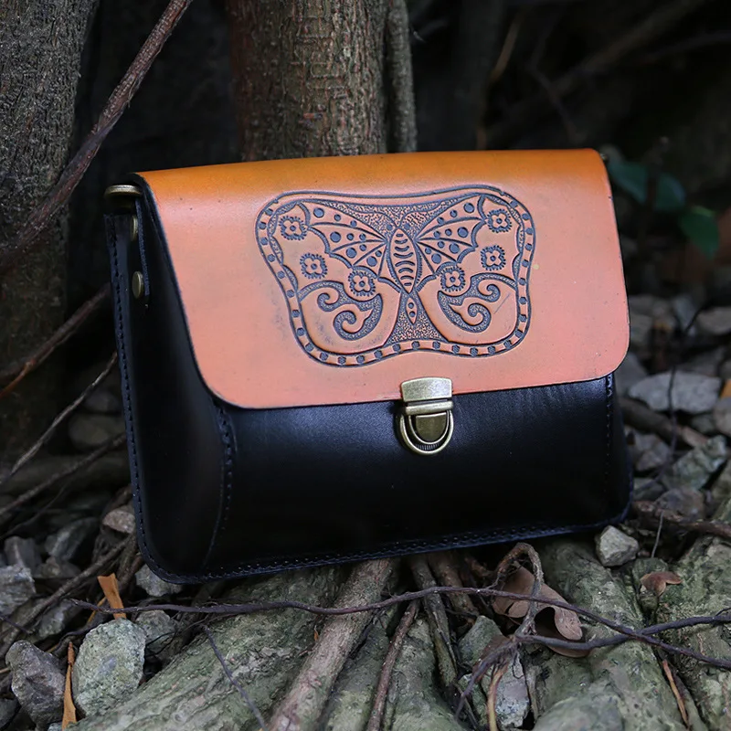 

Hot Sale Genuine Natural Leather Women Single Shoulder Bag Black/Brown Mini Female Casual Embossed Butterfly Messenger Bag