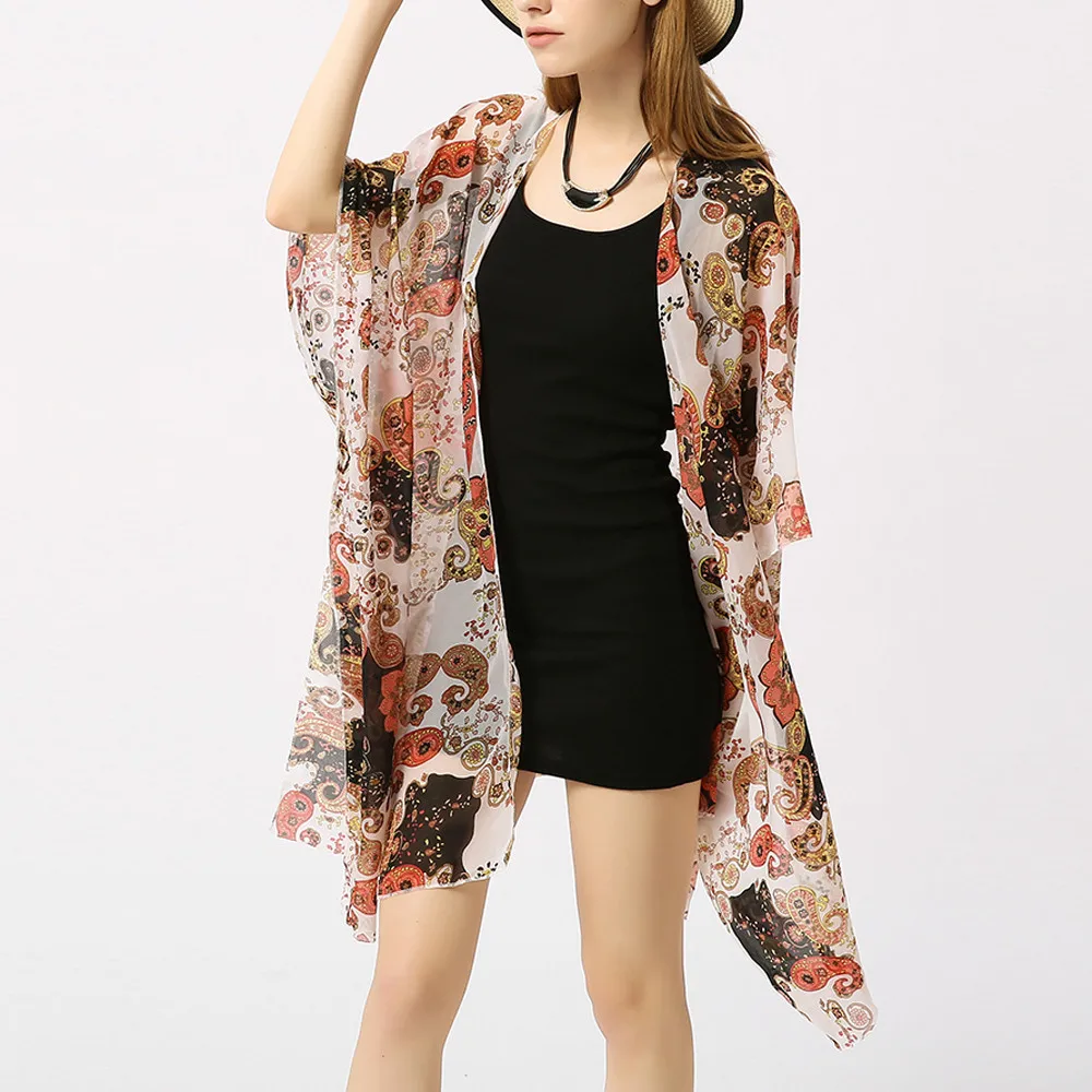 Летний шифоновый пляжный солнцезащитный кардиган блузка с принтом Модный