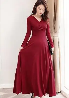 Wine Red Цвет красного вина, зеленый, черный, голубой; женские длинные вечерние платья Демисезонный Для женщин с v-образным вырезом с длинным рукавом t-рубашка кофта Высокая талия миди платья S-XXXL - Цвет: Wine Red