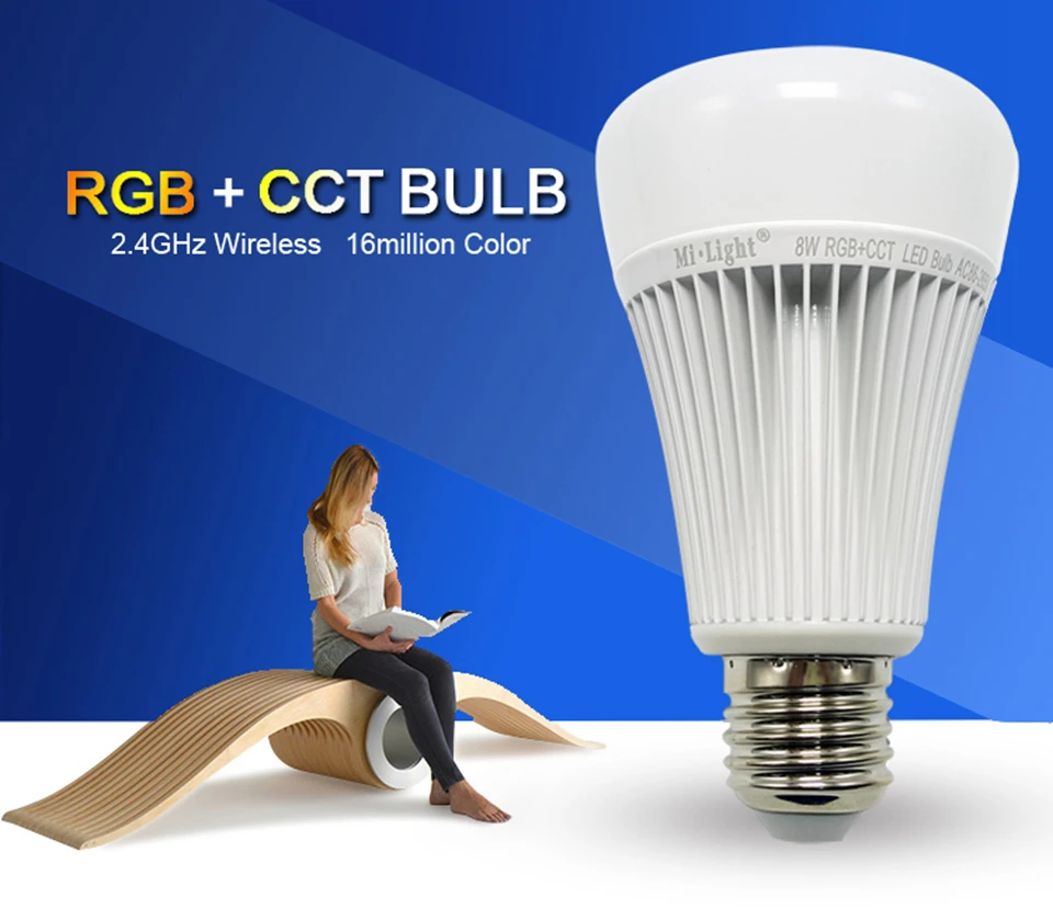 8 Вт 2 4G MiLight Светодиодная лампа Беспроводная E27 RGBWW + цветовая температура