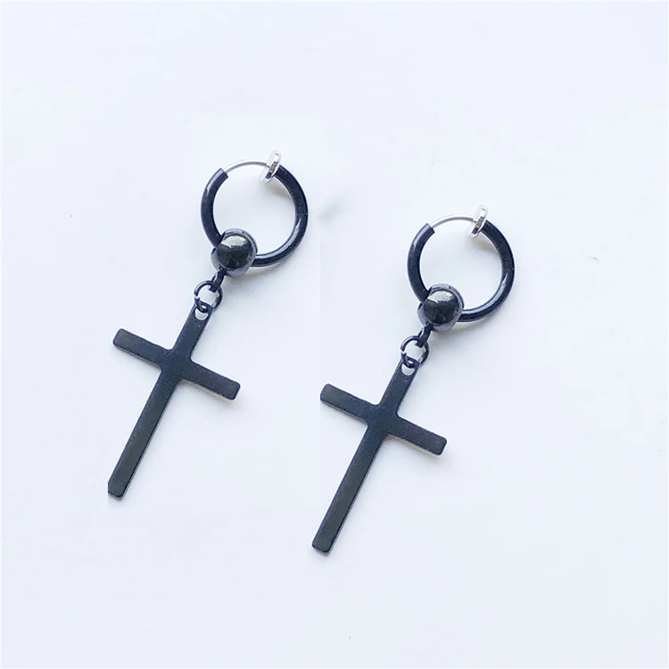 No-piercing Black UVW022 2 шт модные дизайнерские серьги-кольца из нержавеющей стали с крестиком для женщин и мужчин, не пирсинг, клипсы для ушей - Окраска металла: No-piercing Black