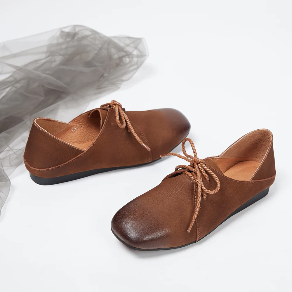 2019 spring new square head leather casual lace shoes low heel soft bottom women's | Обувь