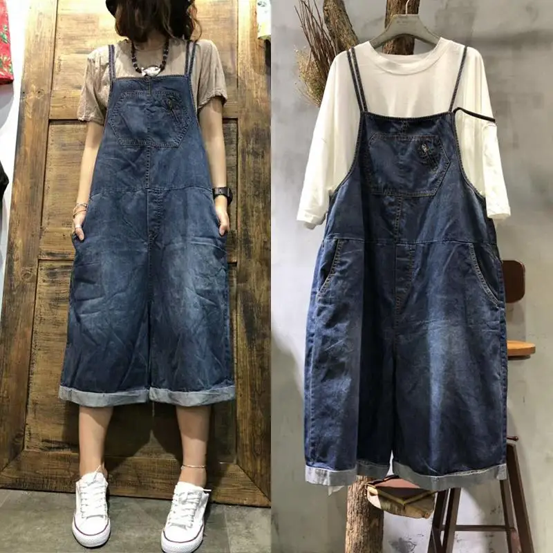 Free Shipping 2019 New Fashion Women Wide Leg Loose Jumpsuits And Rompers With Pockets Half Length High Quality Overalls Jeans