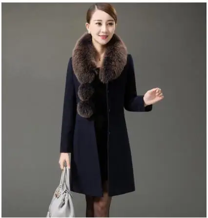 Navy blue На осень-зиму женская новая модная куртка с большим меховым воротником, длинное однобортное шерстяной кашемир пальто леди большие размеры на шнуровке шерстяное зимнее пальто - Цвет: Navy blue
