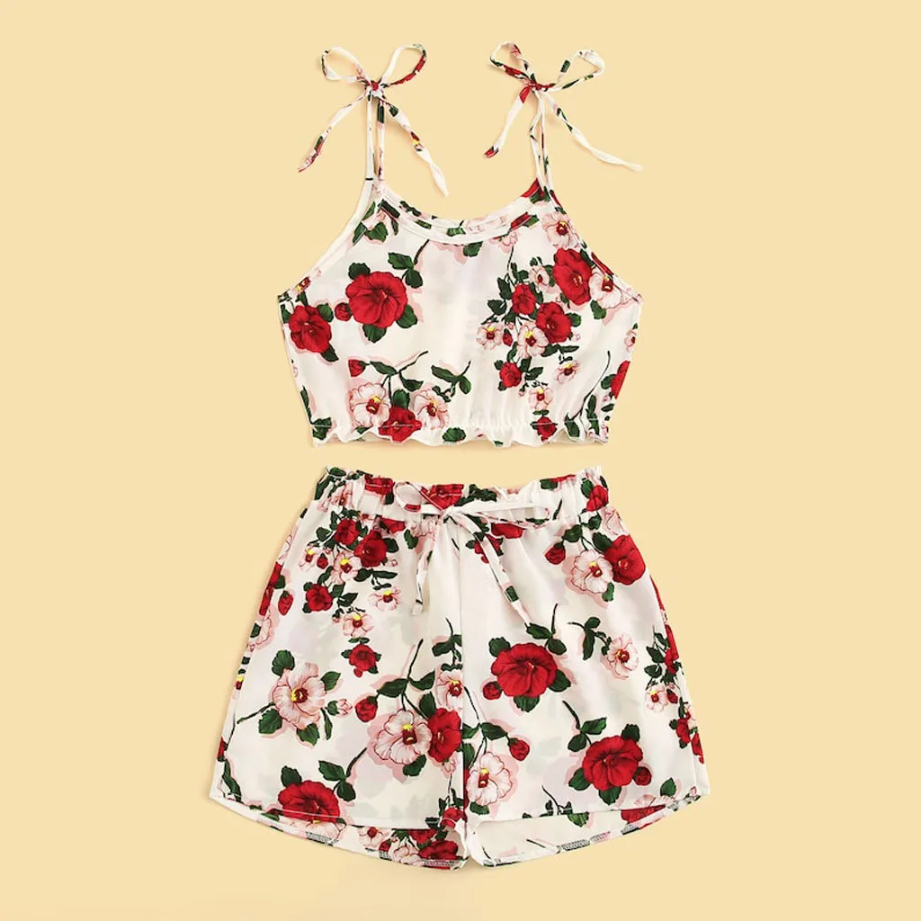 Robe femme 2 шт. модный vestidos ver Женский Повседневный костюм цветочный принт жабо топики Топ жилет+ галстук шорты комплект летняя одежда для женщин