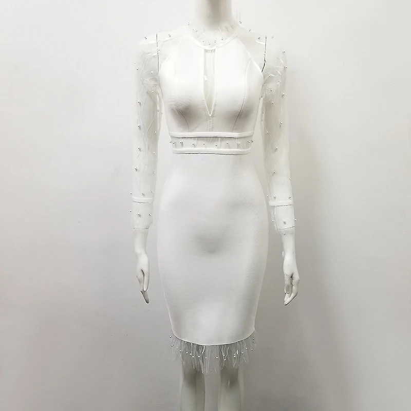 Высококачественное белое бандажное платье с вырезом на ключице, бисером и элегантным дизайном для вечеринки 2018 года.