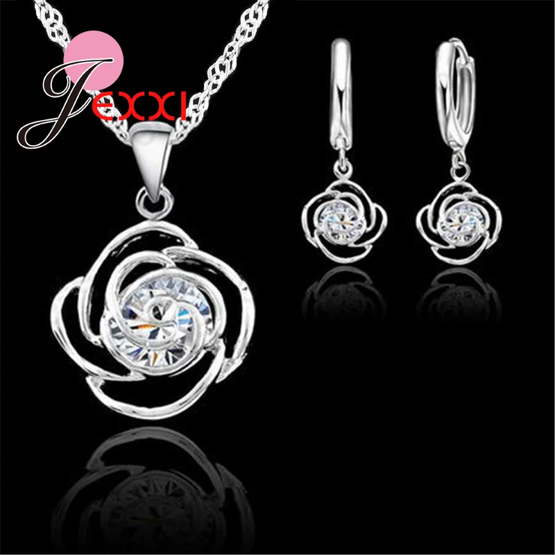 

New Arrival Flower Shape Shiny Cubic Zironia For Women Party Jewelry Set 925 Sterling Silver Needle Necklace Earrings Set