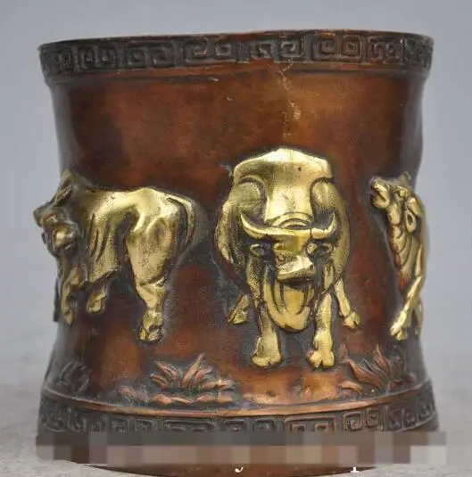 ZSR S01076 5&quot marked Chinese Fengshui Bronze gilt 5 ox bull Statue Brush Pot Pencil Vase B0403 | Дом и сад