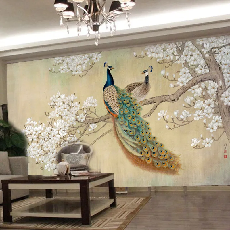Beibehang-papel tapiz fotográfico 3d para sala de estar, telón de fondo chino para dormitorio, TV, pájaro, pavo real, Magnolia, gran mural