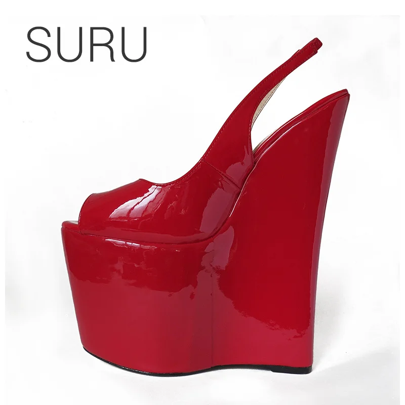 red SURU/красные лакированные босоножки на танкетке с ремешком на пятке женские свадебные босоножки на высоком каблуке 9 дюймов, большие размеры 48, 47, 46, 45, 44, 43, 42 - Цвет: red