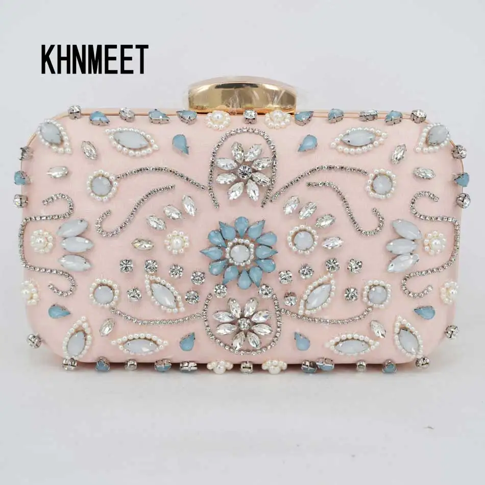 Светильник-розовый атласный роскошный клатч с кристаллами и жемчугом женская