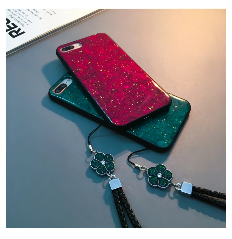 Retro Gold Foil Phone Case For iphone 6 6S 7 8 Plus Fashion Glitter Shining Cover x xs max xr with flower strap |