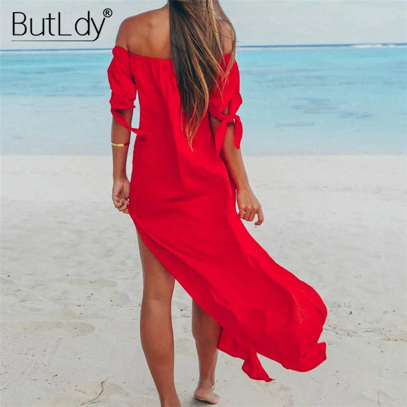 Женское асимметричное пляжное платье макси летнее с открытыми плечами и