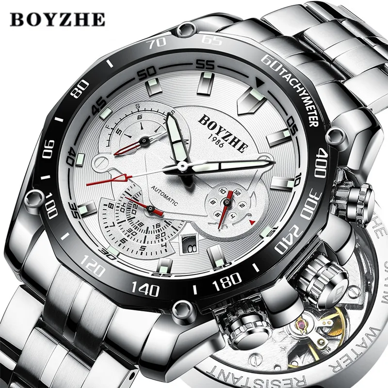 

BOYZHE Manner Automatische Mechanische Uhr Sport Schwarz Leuchtenden Luxus Marke Edelstahl Gold-es Relogio Masculino