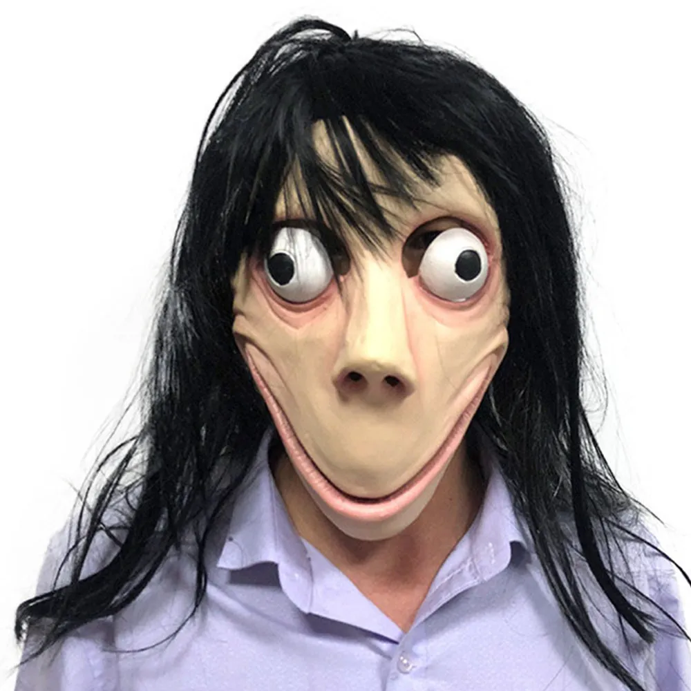 

Challenge Game Horror Mask Creepy Momo Scary Full Face Mask with Big Mouth Tremendous Eyes Long Hair Halloween Cosplay Props