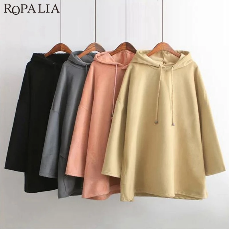 

Женский Длинный свитшот с капюшоном, однотонный Свободный Повседневный Длинный свитшот с карманами и круглым вырезом, осень 2018