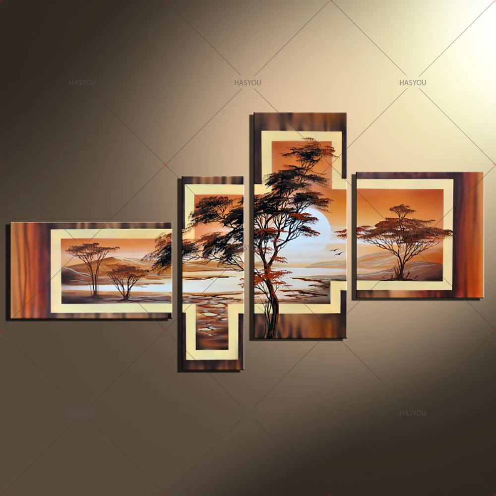 Абстрактная масляная живопись с деревом пейзаж 4 шт.|4 piece canvas art|canvas artoil painting |