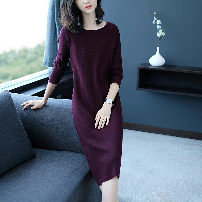 Осень зима 2020 однотонные вязаные кашемировые платья свитеры женское модное