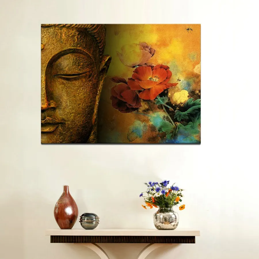 

Canvas Print Golden Buddha with Lotus Flower Porch Wall Art Pure Belief Religion Buddha Zen Home Wall Decor Dropshipping