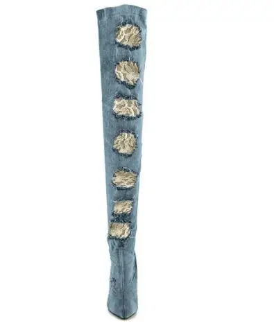 Новейшая модель модные повседневные женские высокие сапоги из джинсового