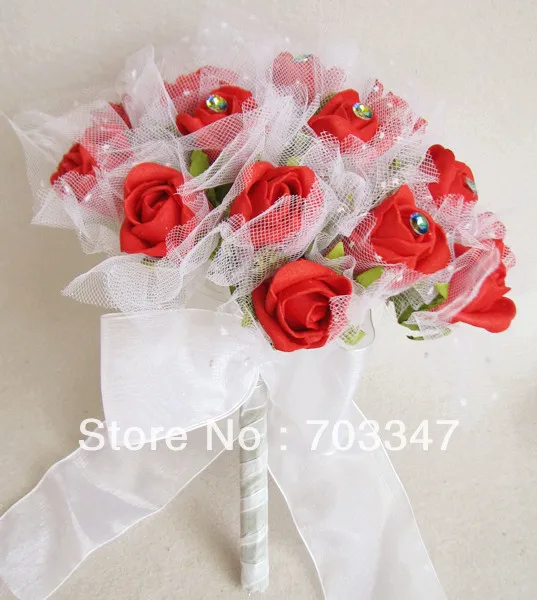

(1pc/lot) Pretty Diamante Foam Rose W/Tulle Wedding Bouquet In Red *Free Shipping*