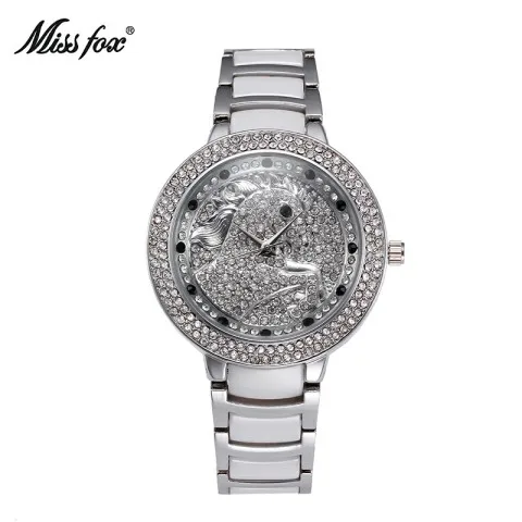 MissFox Единорог кварцевые часы золотые женские часы люксовый бренд Uhr Фантастическая Мода Акция полный горный хрусталь белые керамические часы - Цвет: T0101