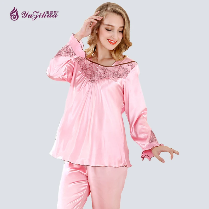 Yuzihua Квадратный Воротник sleevepajamas устанавливает шелковый атлас ночное розовый