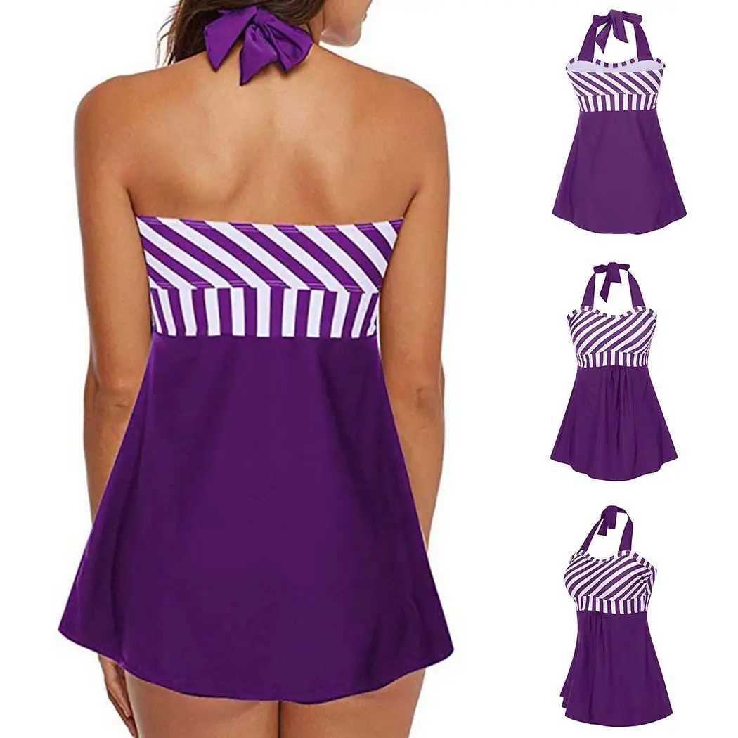 Women Halter Sleeveless Striped Backless Two-piece No Swimsuit Summer Short Yes Swimming Wear Regular Loose | Спорт и развлечения