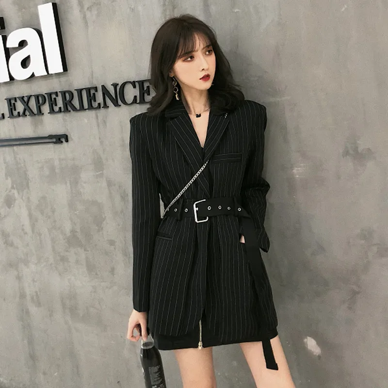 Корейский полосатый черный блейзер средней длины куртка с длинным рукавом