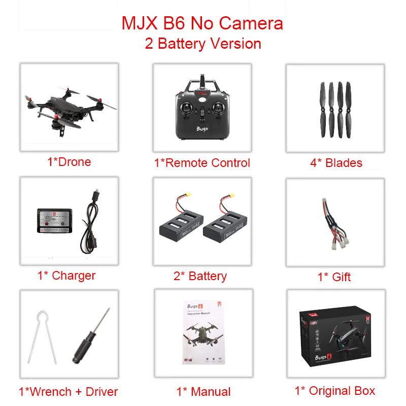 MJX Bugs 6 B6 2,4G RC вертолет высокоскоростной бесщеточный двигатель RC Дрон с камерой FPV передача изображения в реальном времени RC Квадрокоптер - Цвет: B6-NoCamera-2Bat