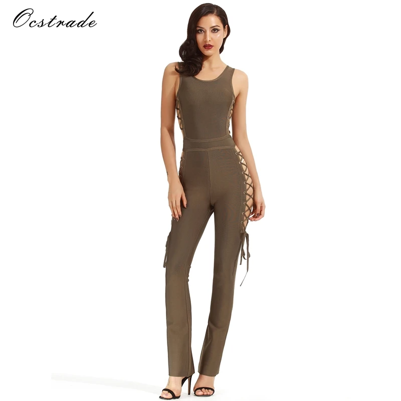 Ocstrade Jumpsuits for Women 2017 Summer Sexy Olive Green Lace-up Rayon Bandage Jumpsuit with Wide Legs | Женская одежда