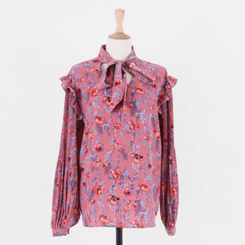 Женская блузка с рукавом-фонариком мягкая Свободная на шнурках цветочным